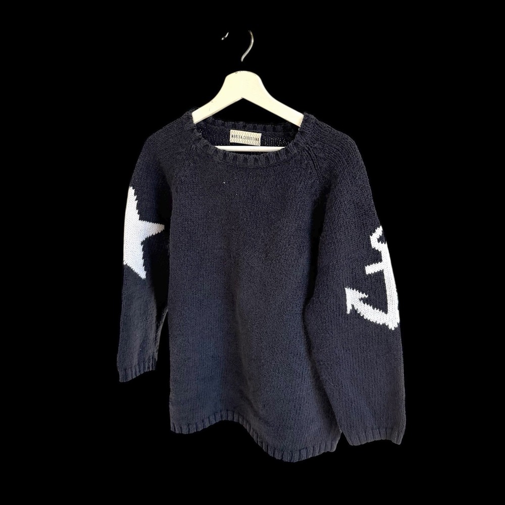 Vintage 90's Preppy Marisa Christina Sweater M/L Navy Star Anchor Cottage Core